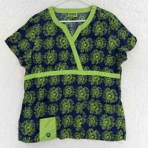 Crocs Medical Shirt Womens Large Blue Green Floral V Neck Scrub Top Pockets